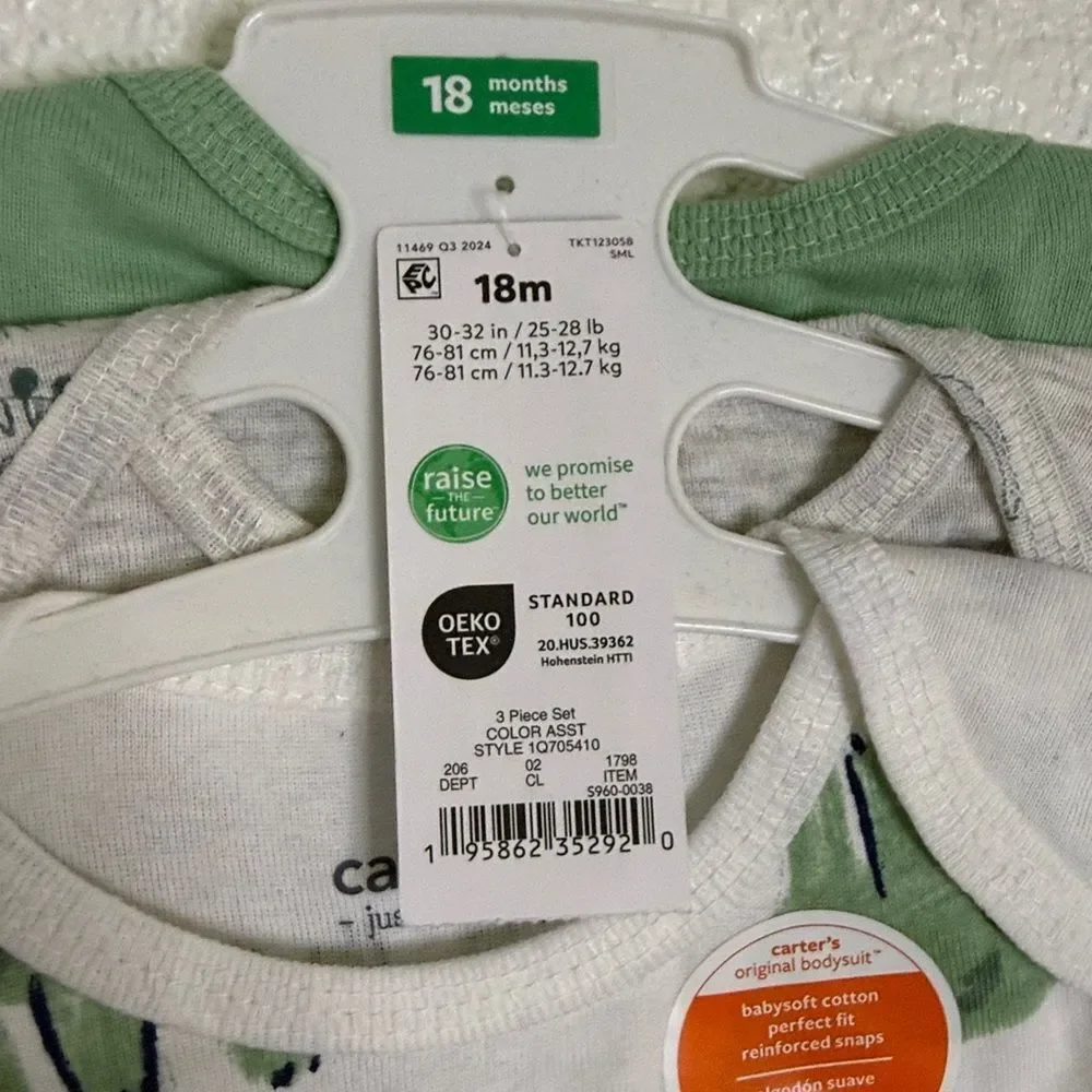 Carter's Green and White dinosaur print Baby Bodysuits- set of 3- Size 18months